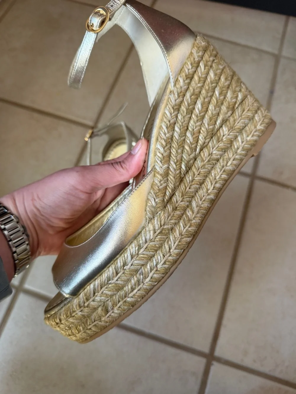 Stuart Weitzman Metallic Gold Espadrille Wedge with Ankle Strap size 8 NWOT - Picture 7 of 12